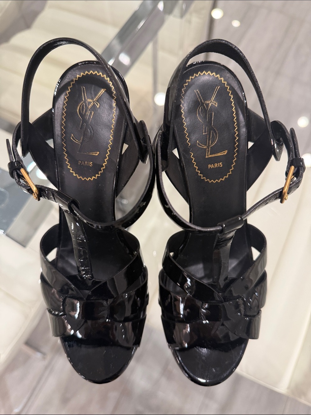 Saint Laurent Black Patent Leather Braided T-Strap Heel Sandals - Picture 7 of 12